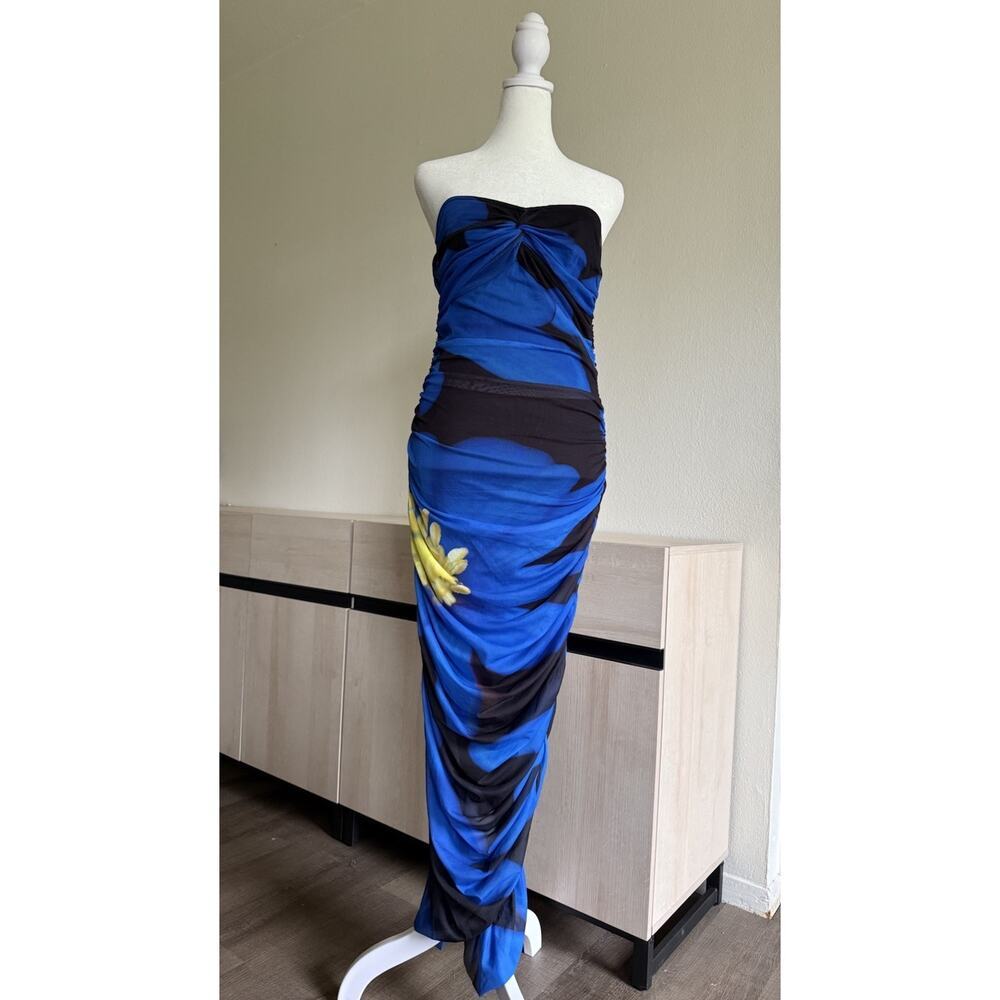 Zara Mesh Strapless Blue Black Yellow Floral‎ Print Maxi Dress Size M NWT #3
